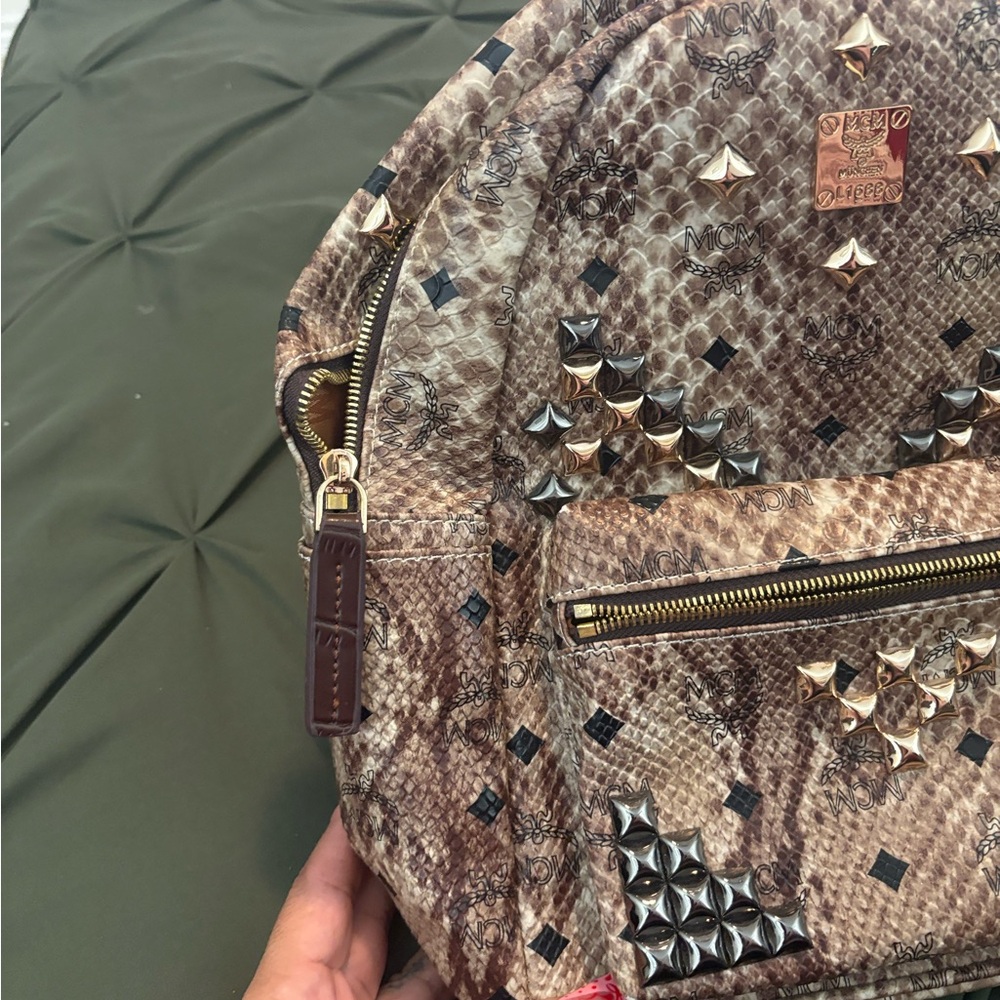 MCM Brown Snakeskin-Print Studded Backpack with Gold Hardware - Picture 3 of 11
